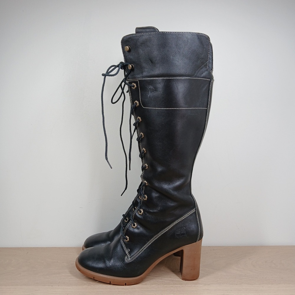 Timberland Boots Women 9.5 Black Leather Knee High Lace Up Block Heel - Picture 2 of 12